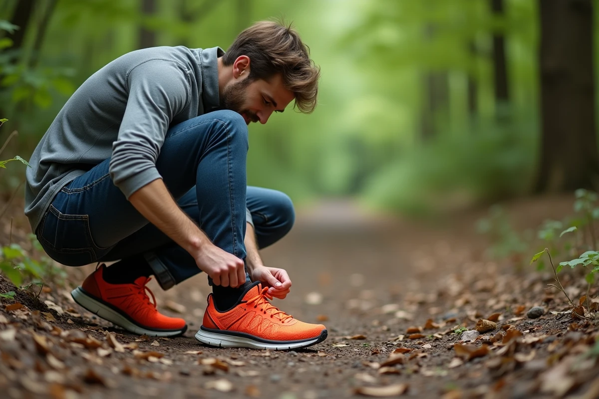 Homme ajuste ses chaussures de trail en forêt