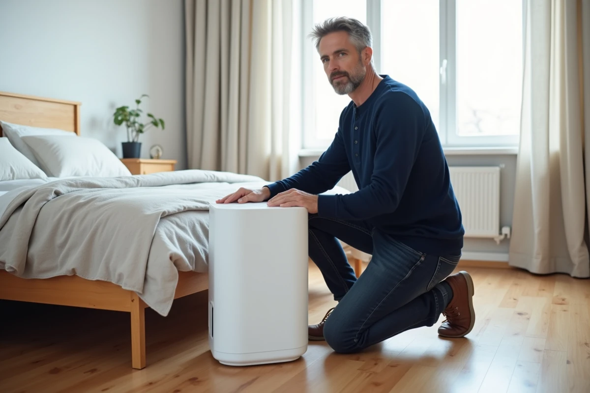 Homme installant un purificateur d'air dans une chambre épurée et lumineuse
