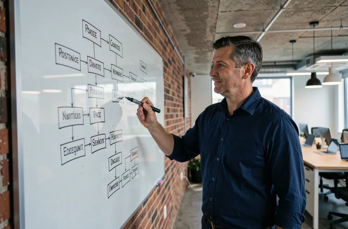 Homme dessinant une architecture de sitemap web sur un tableau blanc dans un open space technologique