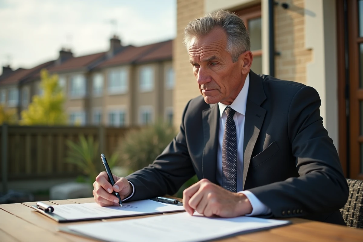 Homme en costume examinant des documents sur une terrasse