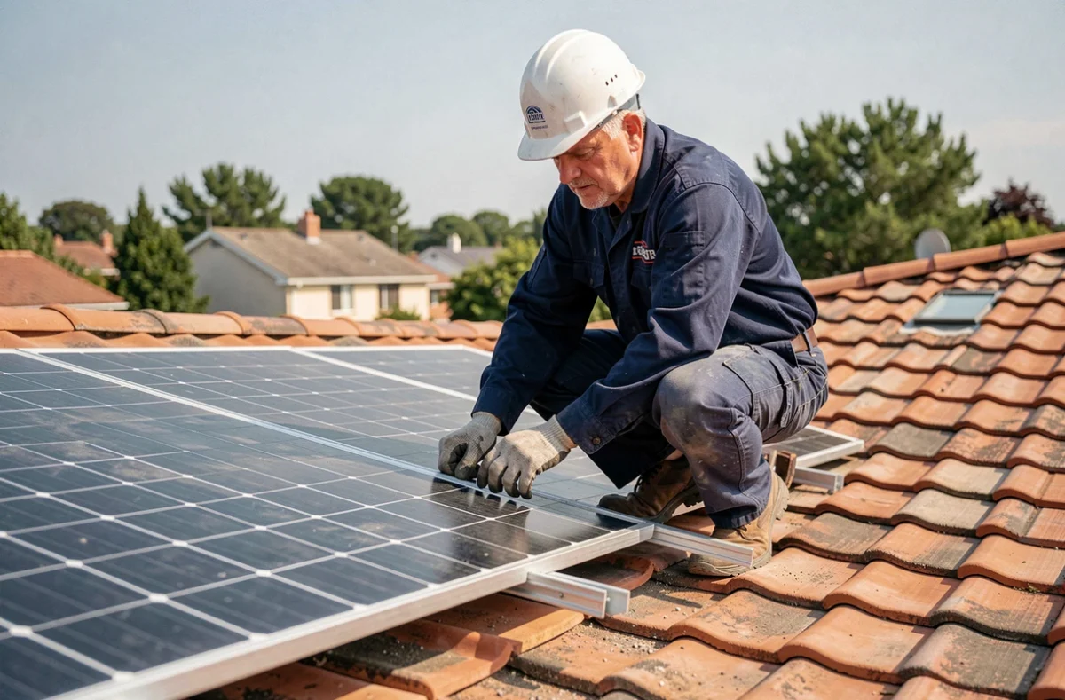 Technicien installant des panneaux solaires photovoltaïques sur un toit résidentiel