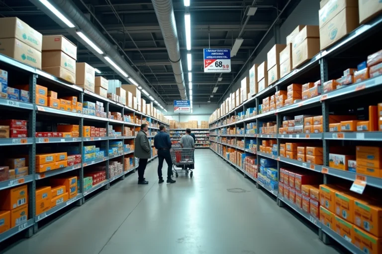 Vue intérieure du magasin discount Stokea Tourcoing avec des rayons remplis de produits et des clients faisant leurs courses