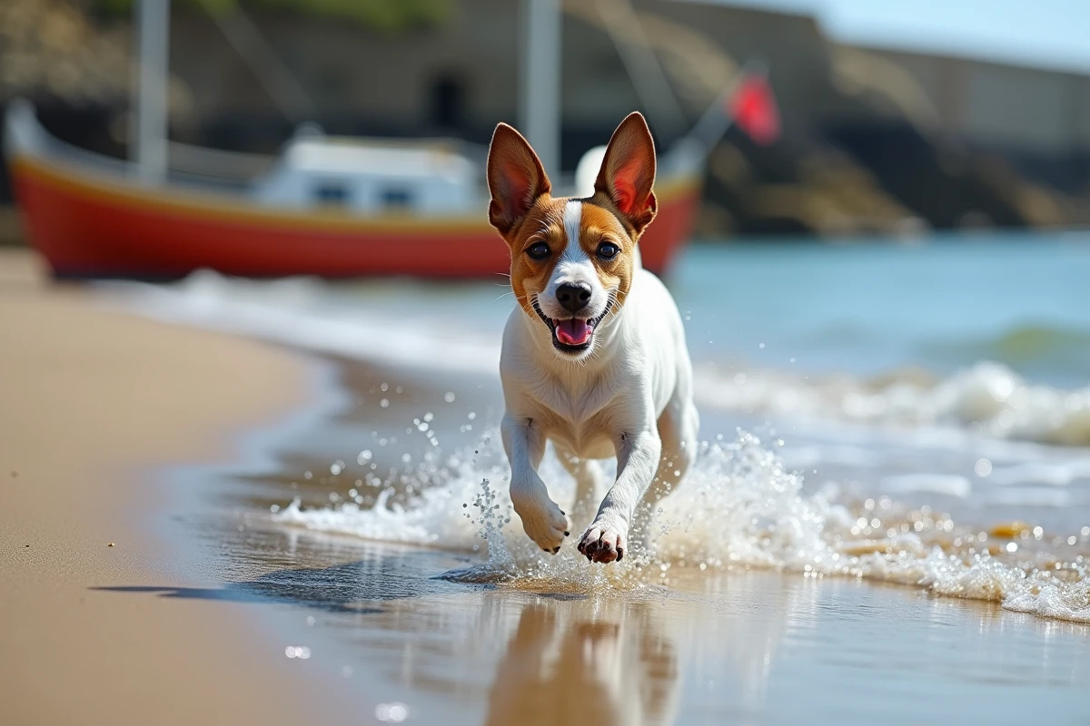 Jack Russell terrier courant librement sur la plage de Conleau à Vannes à marée basse avec des bateaux bretons en arrière-plan