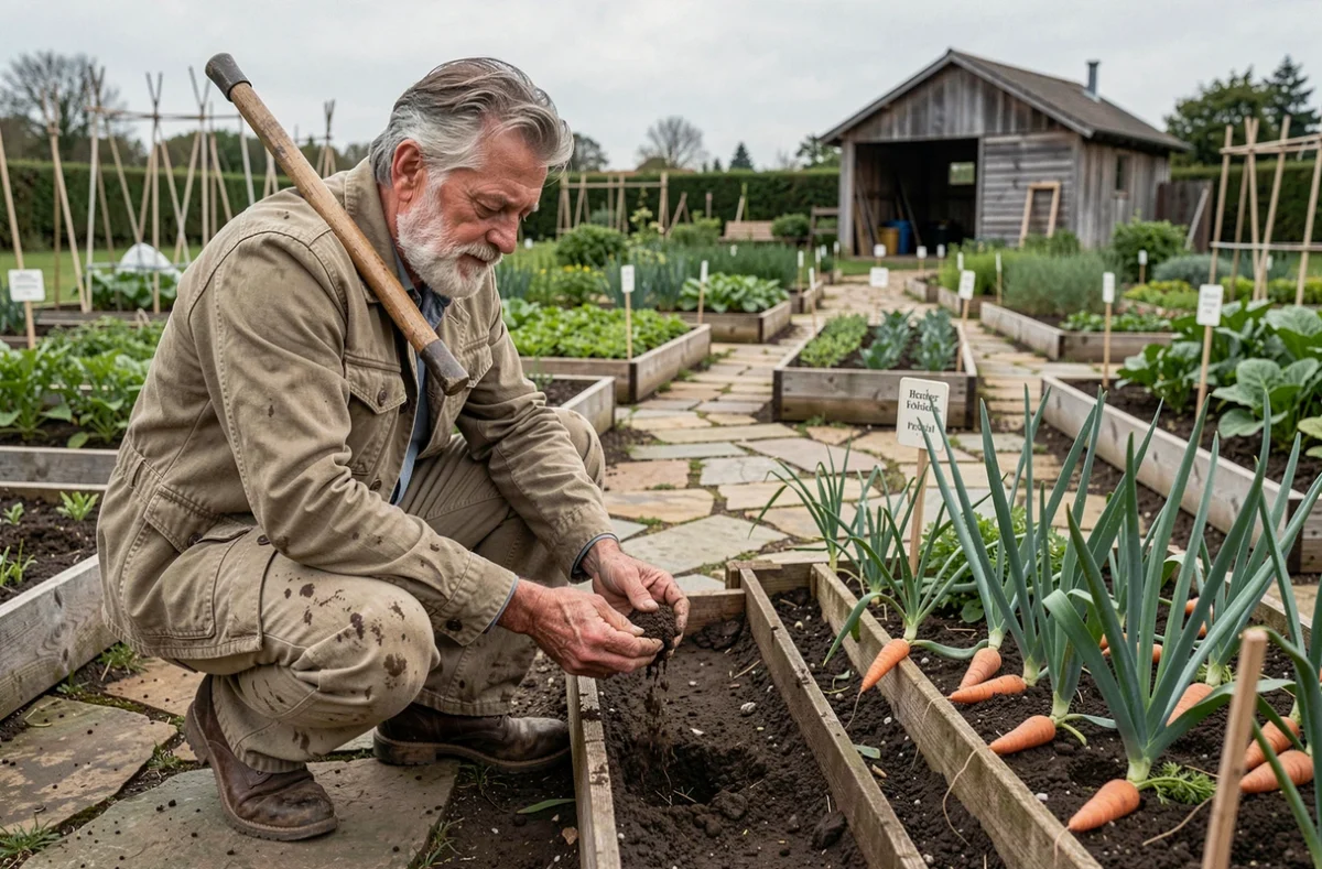 Jardinier senior inspectant le sol d'un grand potager biologique après travail à la grelinette