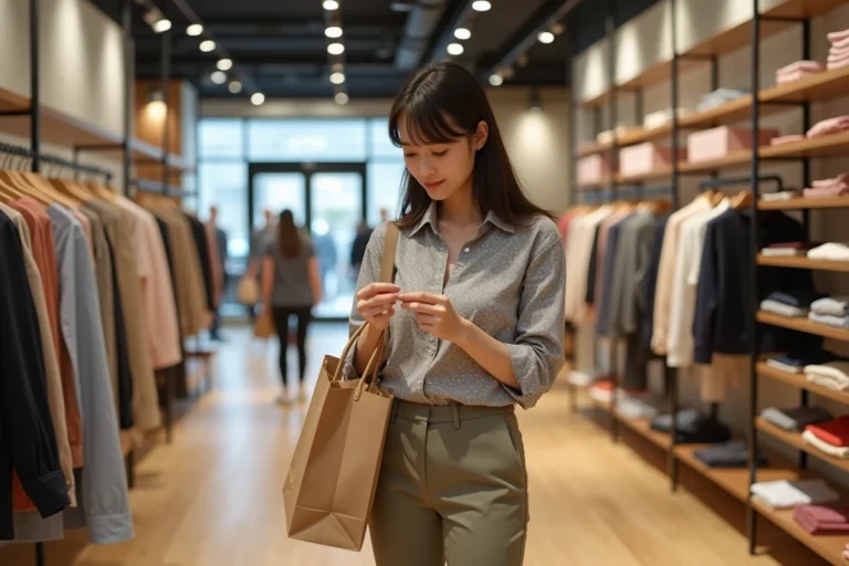 Jeune femme dans un magasin de Tokyo inspectant une étiquette