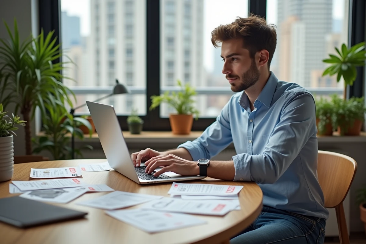Jeune homme utilisant son ordinateur pour shopping en ligne
