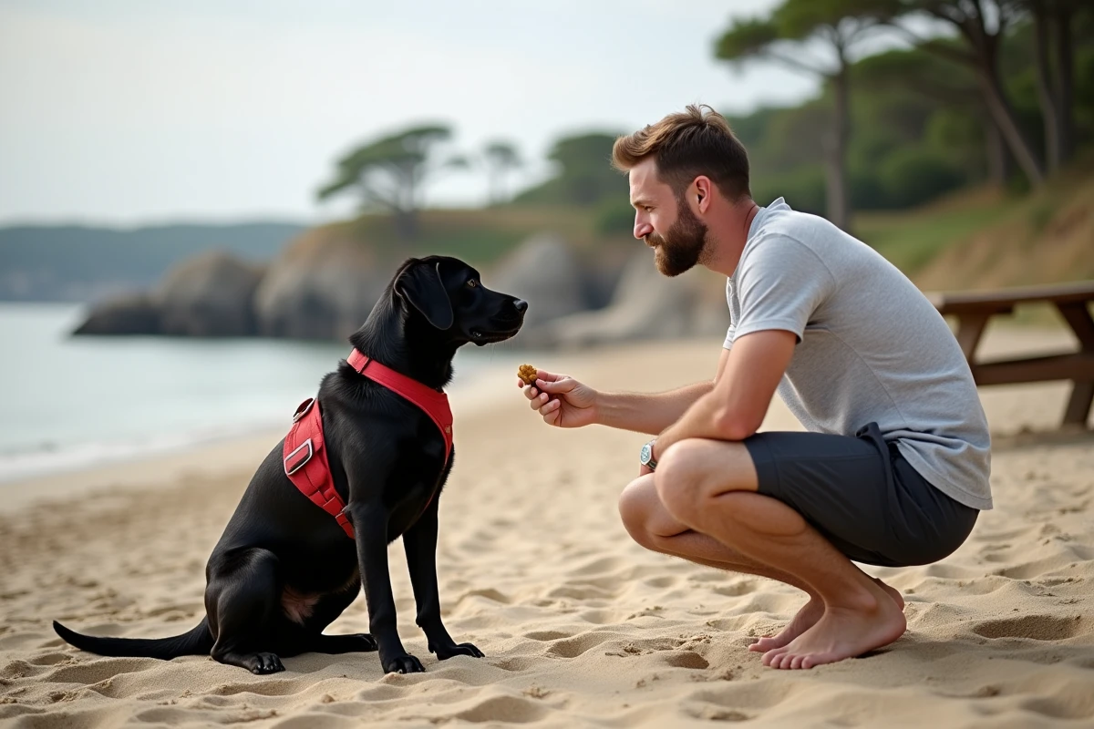 Labrador noir en laisse assis sur la plage de Conleau à Vannes pendant que son maître lui offre une friandise