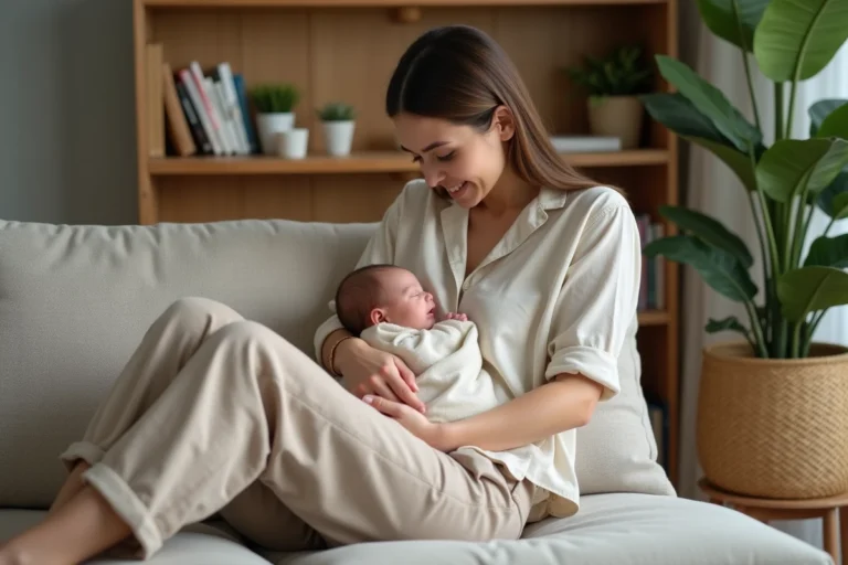 Maman douce tenant son bébé dans un salon chaleureux