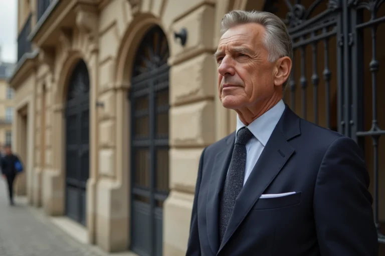 Homme distingué en costume marine devant un bureau d'état civil parisien, illustrant un mariage discret et la vie privée d'une personnalité publique