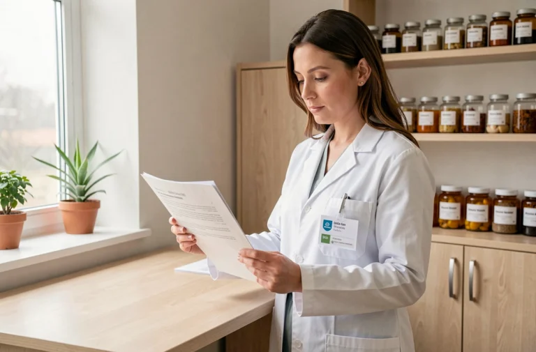 Nutritionniste en blouse blanche examinant des informations sur les probiotiques dans un cabinet médical moderne