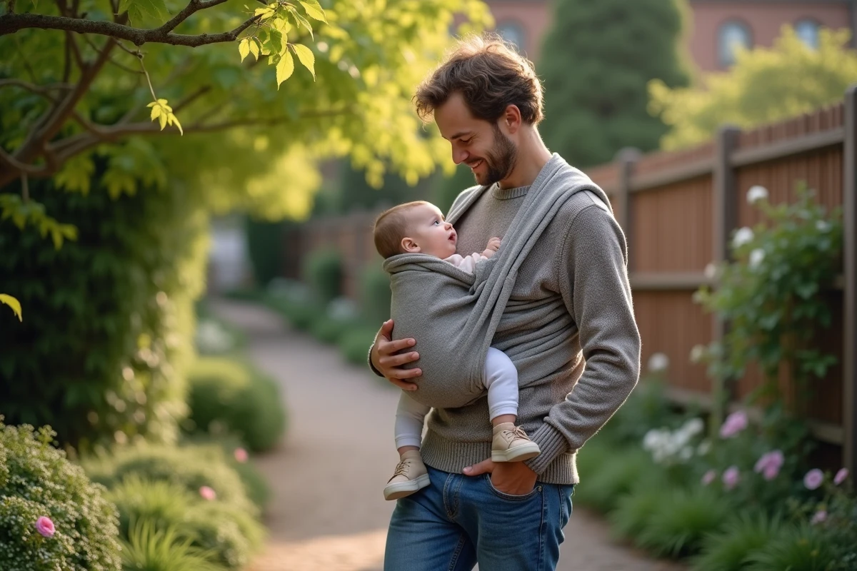 Papa portant son bébé dans un jardin verdoyant