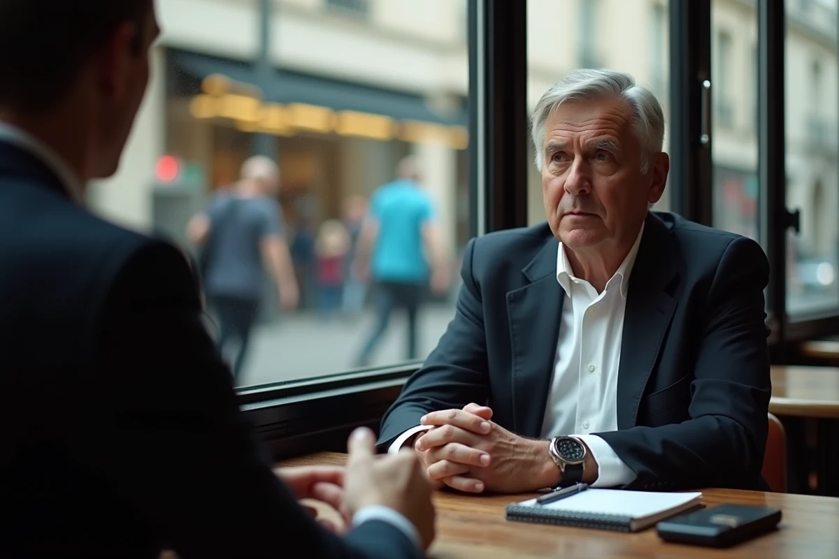 Personnalité publique interrogée par un journaliste dans un café parisien, évoquant les révélations sur la vie privée et les polémiques liées à son mariage