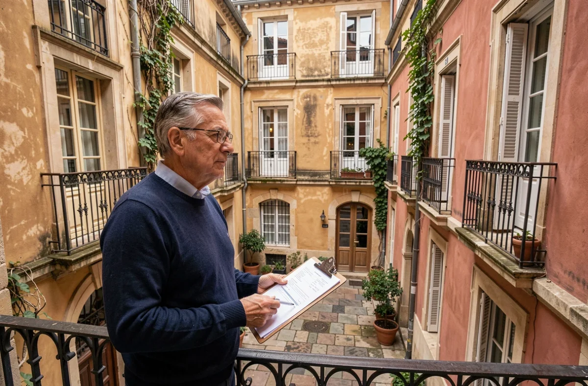 Propriétaire bailleur examinant un contrat de location sur le balcon d'un immeuble lyonnais