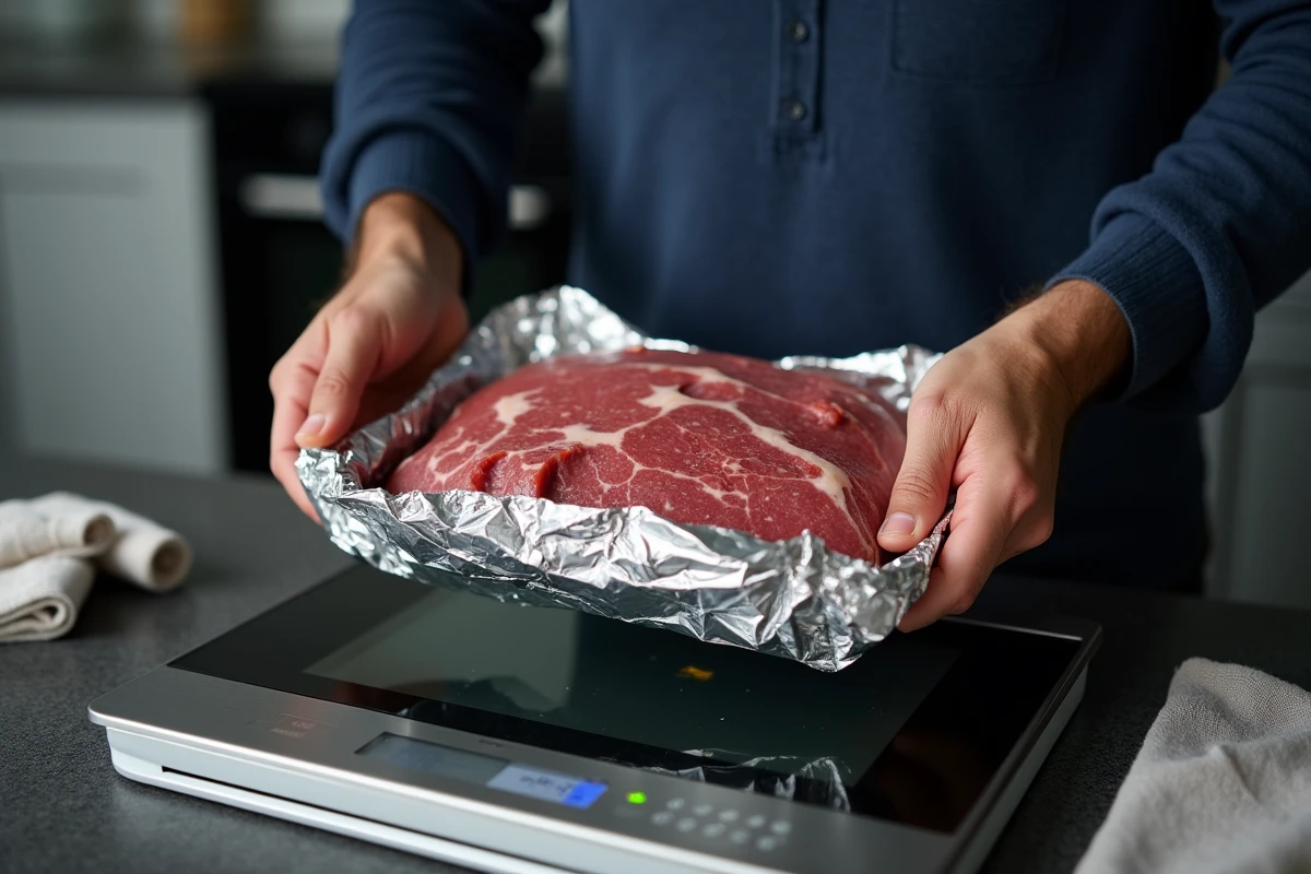 Homme enveloppant de la viande de bœuf rôtie dans du papier aluminium avant de la réchauffer au four sans la dessécher