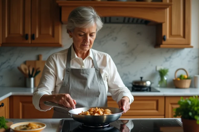 Femme réchauffant des tranches de poulet rôti dans une poêle avec du bouillon pour éviter de dessécher la viande