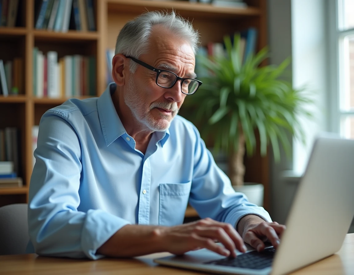 Retraité SNCF consultant ses services en ligne sur un ordinateur portable depuis son bureau à domicile