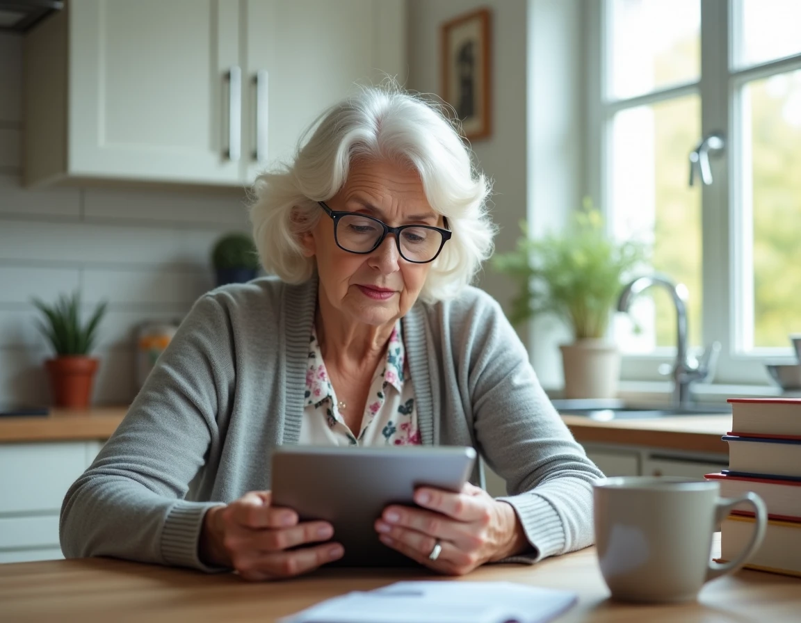 Retraitée SNCF utilisant une tablette pour accéder aux services administratifs en ligne dans sa cuisine