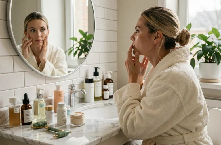 Femme appliquant un sérum visage devant un miroir rond dans une salle de bain moderne avec des produits de soin soigneusement disposés