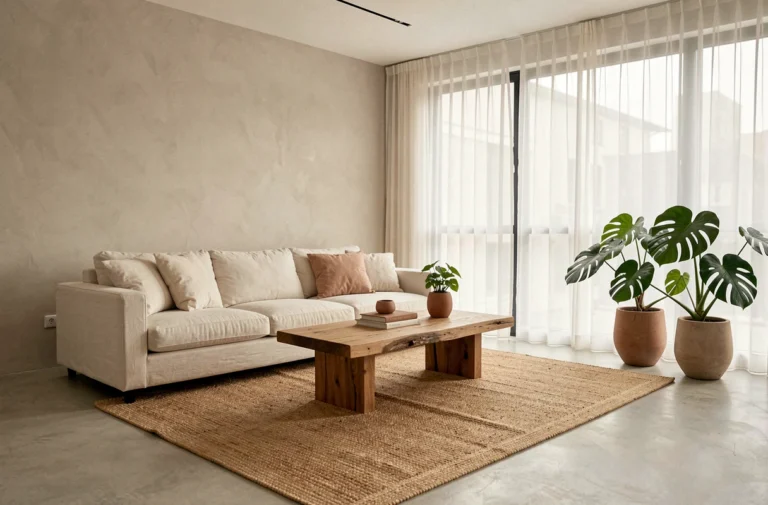 Salon scandinave minimaliste avec canapé en lin crème, table basse en chêne brut et plantes vertes, décoration intérieure tendance