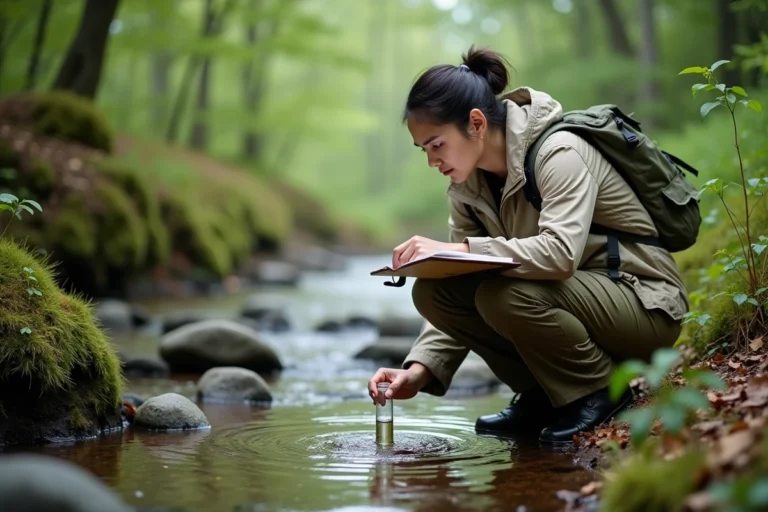 Scientifique environnementale prélevant un échantillon d'eau en forêt pour mesurer l'impact environnemental