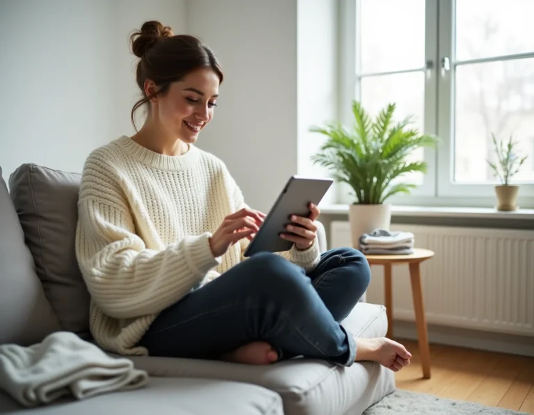 Femme dans la trentaine faisant du shopping mode en ligne sur une tablette, assise sur un canapé en lin gris dans un intérieur scandinave épuré