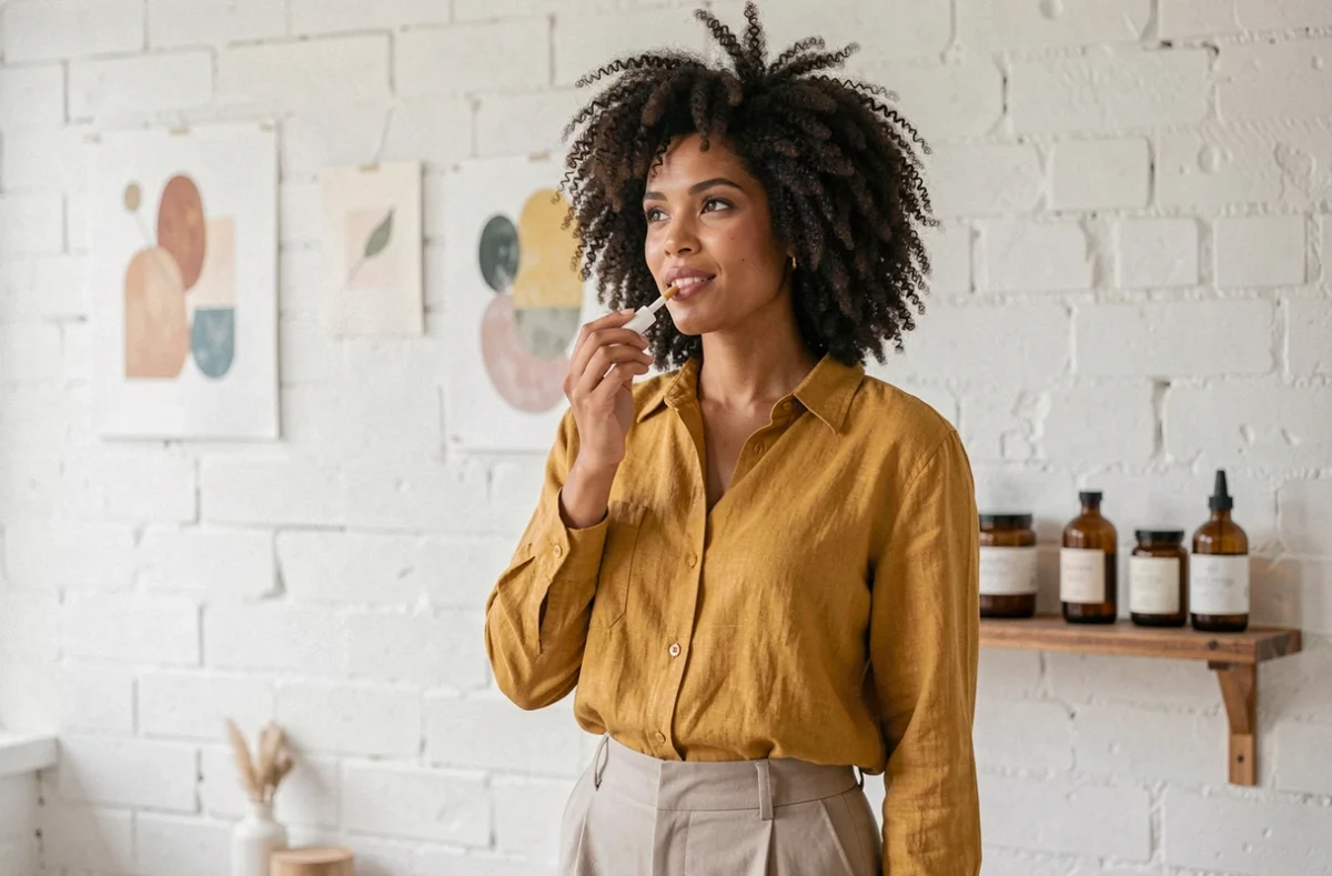 Femme aux cheveux afro naturels appliquant un baume teinté dans un studio minimaliste avec des produits cosmétiques artisanaux en arrière-plan