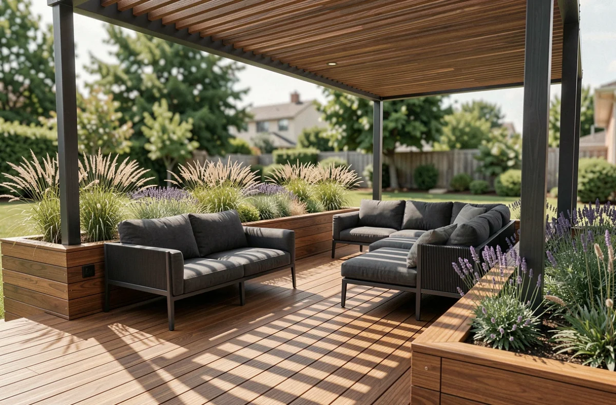 Terrasse extérieure moderne avec deck en bois composite, pergola à lames et salon de jardin tendance en gris anthracite
