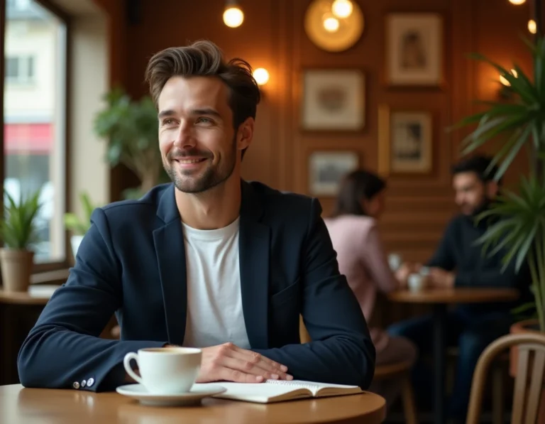 Yoann Usai en couple : portrait détendu d'un jeune homme dans un café parisien, évoquant la vie privée et le quotidien en 2026
