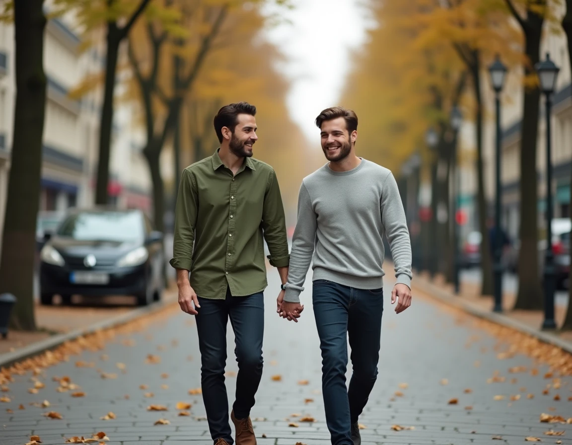Yoann Usai et son compagnon se promenant ensemble à Paris en automne, couple souriant dans une rue arborée en 2026