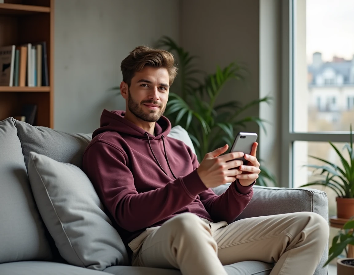 Yoann Usai dans son appartement parisien moderne, portrait intimiste illustrant sa vie privée et son quotidien en 2026
